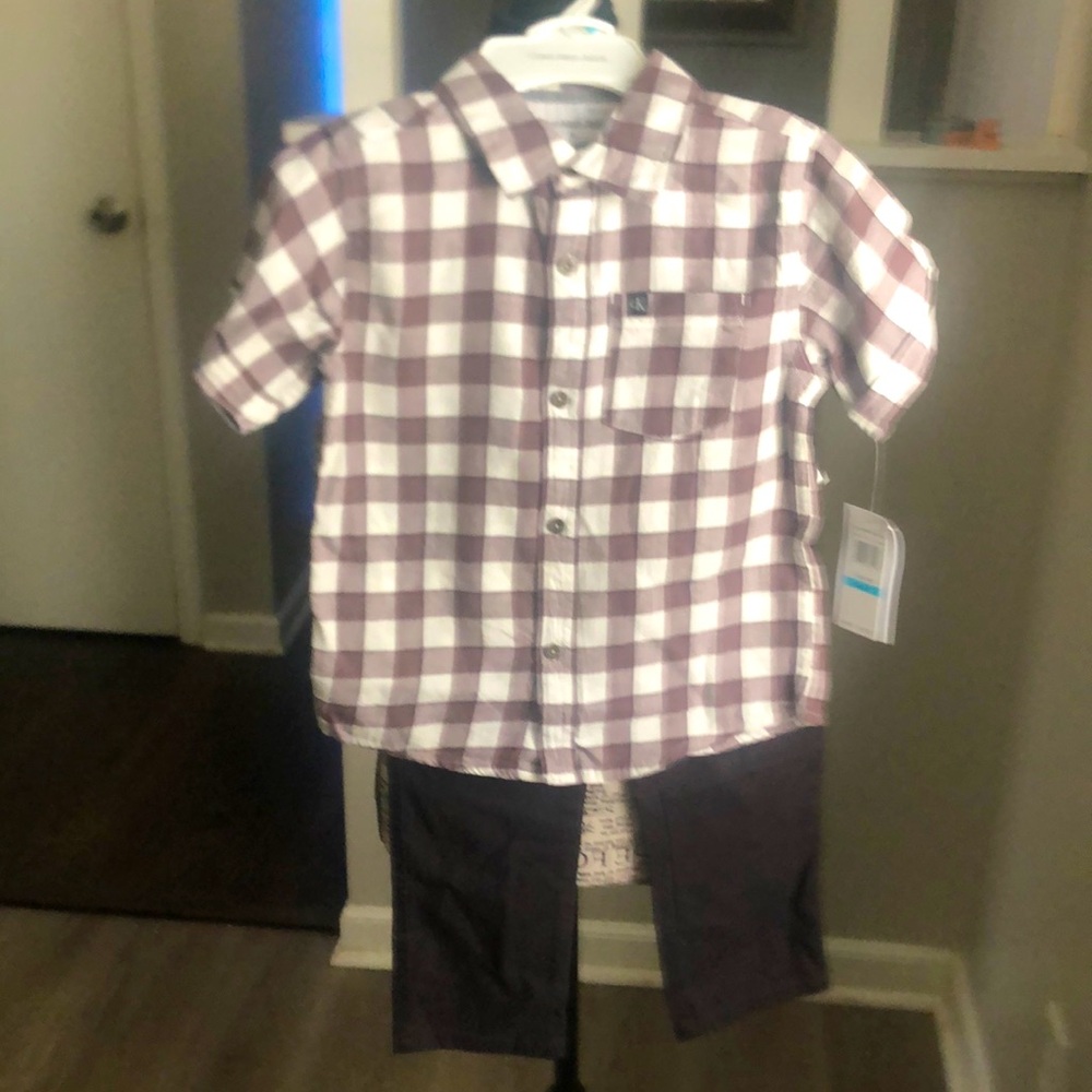 NWT 2Pc Boys Calvin Klein Short Sleeve Plaid Button Up & Pant Outfit Size 5